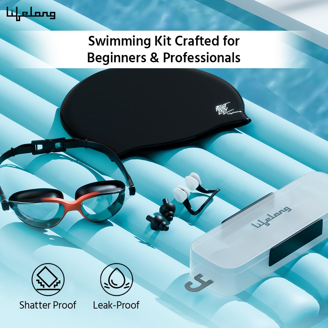 Lifelong Silicone Swimming Combo Kit | Waterproof Swim Cap with Earplugs & Nose Clip | Anti-Fog Swim Goggles | Comfortable Fit Swimming Accessories (ASL)