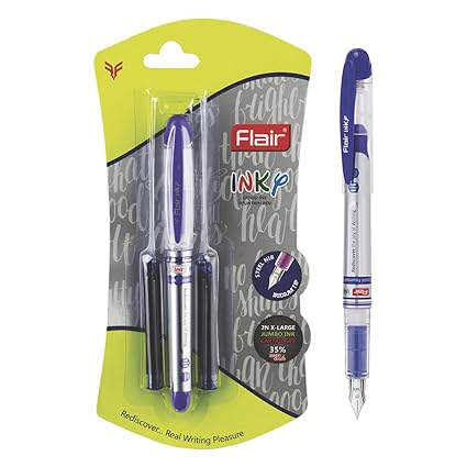 FLAIR Inky Fountain Pen Blister Pack | Stainless Steel Round Tip | Free 2 Pieces X-Large Jumbo Cartridges Each Pack | Comfortable Grip For Smooth Writing | Blue Ink