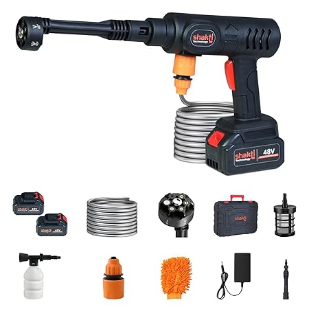 Shakti Technology CP_01 Wireless Car Washer High Pressure Gun Cordless Portable 48V - 12000mAh High Pressure Water Gun for Car & Bike Wash, Adjustable Nozzle, 5M Hose Pipe, Double Battery Included (RD)