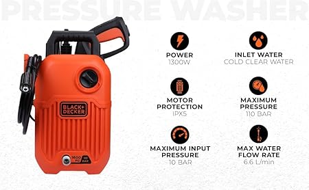 BLACK+DECKER BEPW1600 1300W 1600 PSI 110 Bar Pressure Washer for Car, Bike, Home & Garden Cleaning Use with Multiple Accessories Included, 1 Year Warranty, Orange & Black (RD)