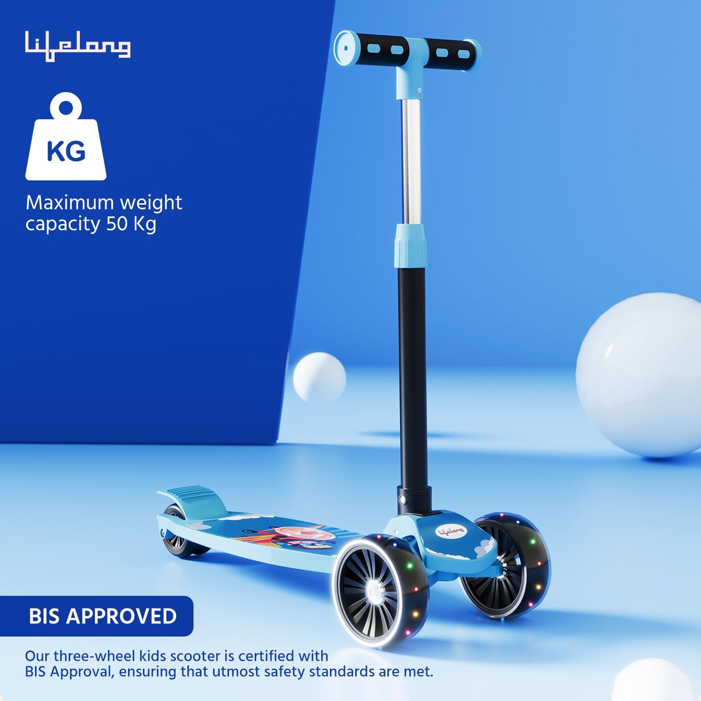 Lifelong Foldable Kids Kick Scooter with LED Wheels & Adjustable Height - Capacity 50kg- for Baby 3+ Year Old boy & Girl - Skate, Blue (ASL)