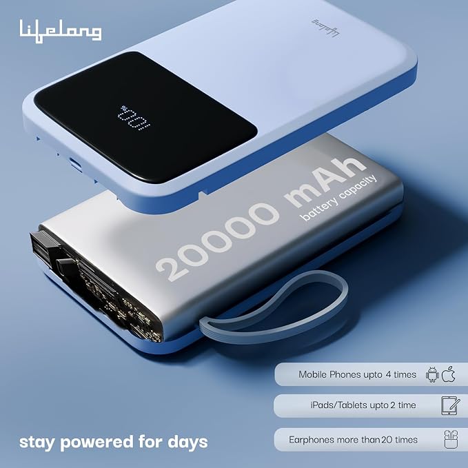 Lifelong Electronics 20000mAh 22.5W Fast Charging Power Bank | 3 Inputs (1 Built-in USB A Cable + 1 C + 1 Lightning Port) & 6 Outputs (3 Built-in Cables + 1 C + 2 A Port) | Small Pocket Size Powerbank (SD)
