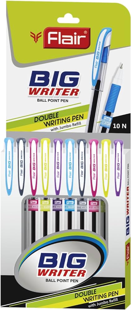 FLAIR Big Writer Ball Pen Wallet Pack | 0.7 mm Tip Size | Double Writing Pen With Comfortable Rubber Grip | Swiss Tip Technology For Smooth Writing Experience | Blue Ink, Set Of 10