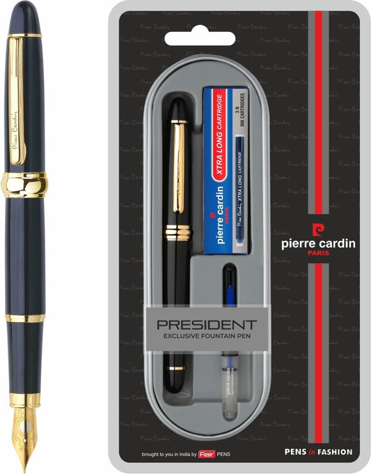 Pierre Cardin President Exclusive Fountain Pen Blister Pack | Metal Body With Smudge Free Writing | Free Coverter & 3 x Xtra Long Cartridges | Ideal For Gifting | Blue Ink, Pack Of 1