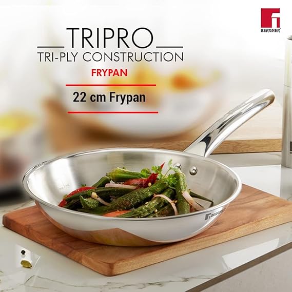 Bergner Tripro Triply Stainless Steel 4 Pc Cookware Set, 24 cm Indian Wok/Kadai with Lid, 22 cm Frypan, 16 cm Tea Pan, Even and Fast Heating, Induction Bottom, Gas Ready, Silver (RD)