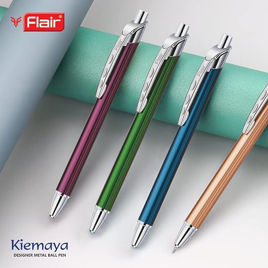 FLAIR Kiemaya Ball Pen Box Pack | Retractable Mechanism With Comfortable Grip For Easy Handling | Shiny & Attractive Metal Body | Ideal For Gifting | Blue Ink, Pack of 1 Pens