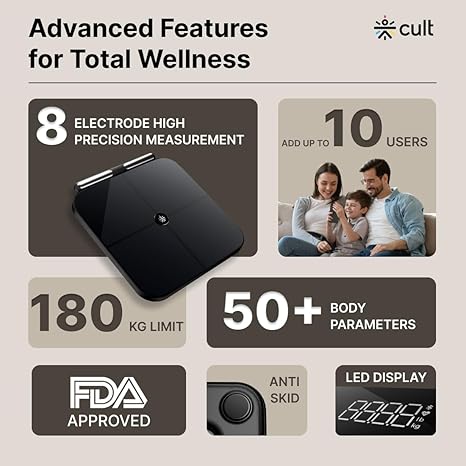 Cult Smart Scale Pro, US FDA Approved, 50+ Parameters, Body Fat Scale, BMI, 10 members, Bluetooth Weight Machine, Body Fat Analyzer, LED Display.