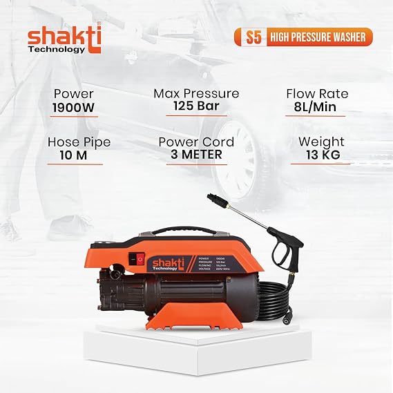 [2026 Enhanced Edition] Shakti Technology S5 High Pressure Car Washer Machine 1900 Watts, Pressure 125 Bar, 8L/Min Flow Rate and 10 Meter Hose Pipe with Professional 1L Foam Cannon Snow Lance  (RD)
