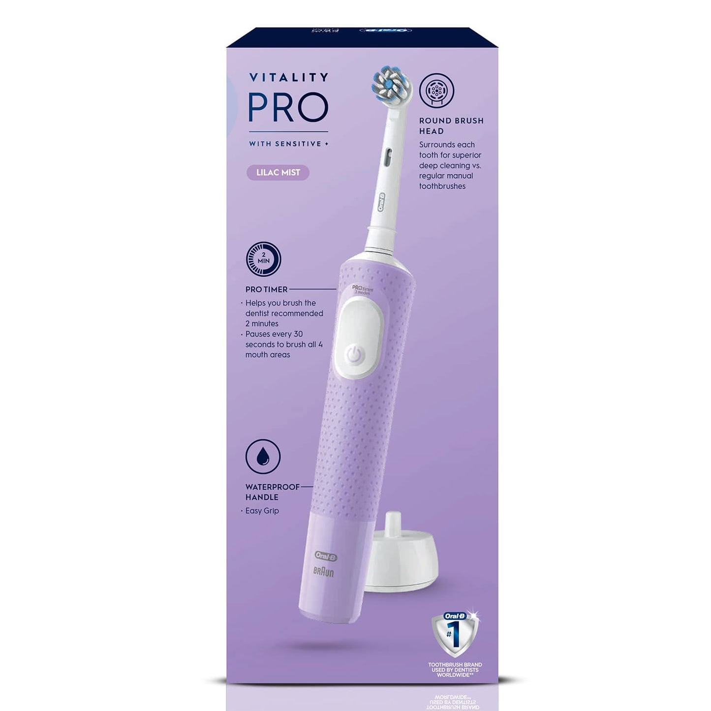 Oral-B Vitality Pro with Sensitive Plus Rechargeable Electric Toothbrush for Adults, 3 Brushing Modes (Daily, Sensitive, Sensitive Plus), 2 Min Timer with Quadpacer, 2 Year Warranty by Oral B, IPX7 Water Resistant, Round Brush Head