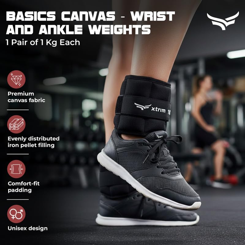 Xtrim Canvas Ankle Weights 2 KG Total (1 KG x 2) for Men & Women, Iron Pellet Filled with Balanced Weight Distribution, Non-Slip Secure D-Ring Strap, Ideal for Gym, Walking, Yoga, Home Workout & Strength Training, Black (ASL)