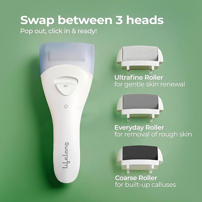 Lifelong Callus Remover for Feet Electronic with 3Heads |Rechargeable Foot Scrubber for Dead, Hard Skin Remover |Waterproof Pedicure Tool Kit for Women |2-Speed Foot Filer | Crack Heel Repair Machine