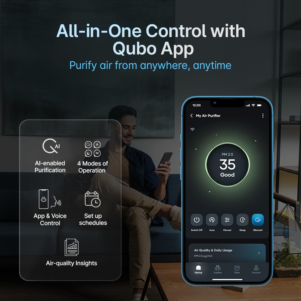 Qubo Smart Air Purifier Q500 for Home by Hero Group | Q500 Sq Ft | 99.99% Allergen Removal | True HEPA13 | 9000 Hrs Filter Life | App & Voice Control | Energy Saving | Ultra-Quiet BLDC Motor (White)