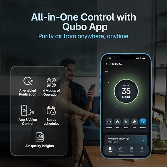Qubo Smart Air Purifier Q200 for Home by Hero Group | Upto 200 Sq Ft | 99.99% Allergen Removal | HEPA H13 | 9000 Hrs Filter Life | App & Voice Control | Energy Saving | Ultra-Quiet BLDC Motor