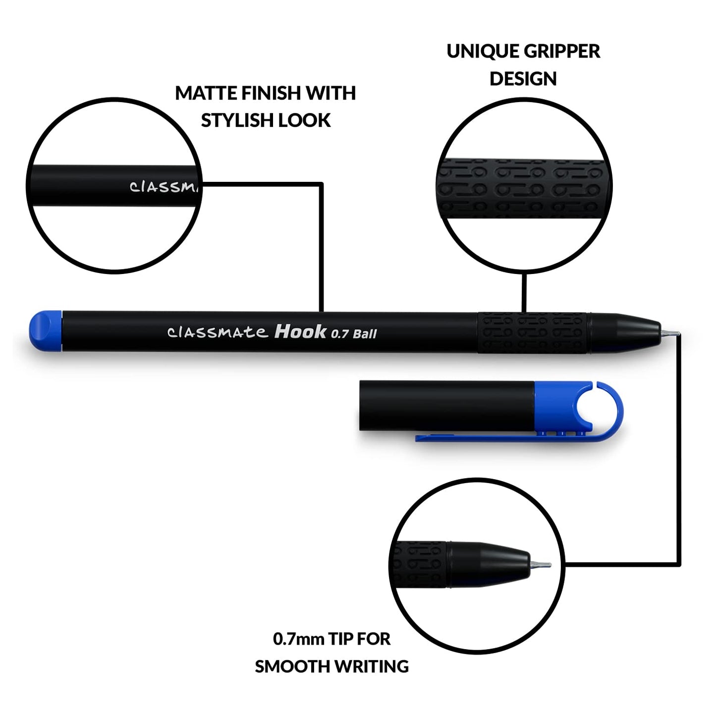 Classmate Hook- Blue & Black Ball Pens |Smooth & Fast Writing Ball Pen | Unique Griper for Writing Comfort|Attractive Body Design for Boys & Girls|School & Office Stationery