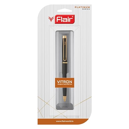 FLAIR Platinum Series Vitron Ball Pen Blister Pack | Swiss Tip Technology With Twist Mechanism | Unique Gold Clip With Attractive Look | Smooth Refillable Pen | Blue Ink, Pack Of 1