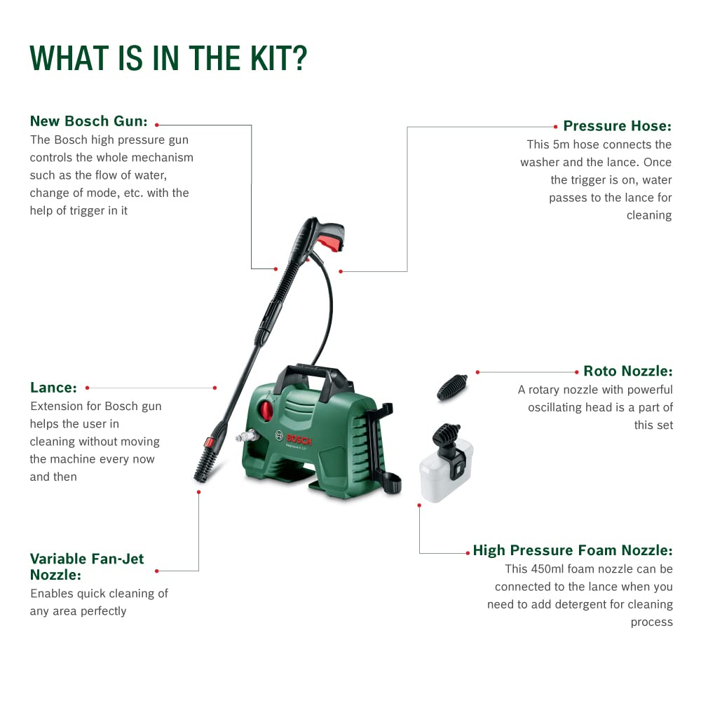BOSCH Easy Aquatak 120 High Pressure Washer |1500-wt Motor | Max Pressure 120 Bar | Variable fan jet nozzle | Bosch Gun & Lance, Self-priming | Removing Heavy Dirt from Small Cars & Driveways | 4.7 Kg (RD)