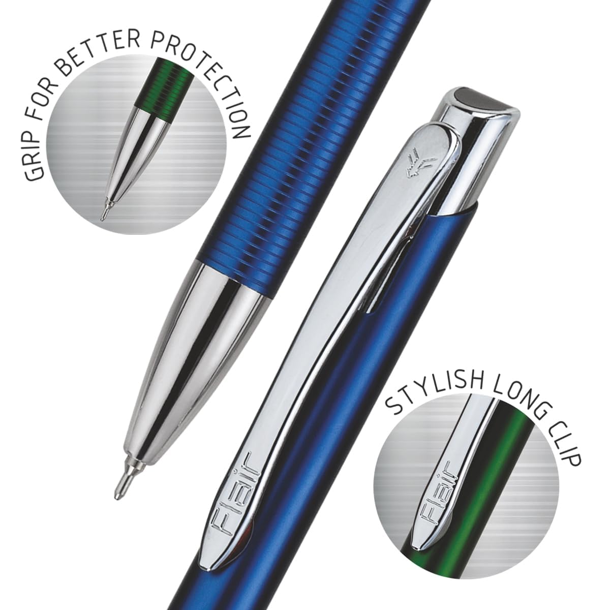 FLAIR Eros Ball Pen Box Pack | Retractable Mechanism With Stylish Long Clip | Attractive Metal Body, Trims At Grip For Better Hold | Blue