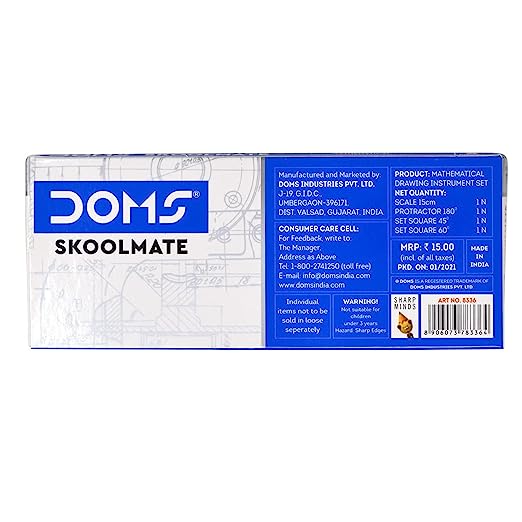 DOMS Skoolmate Mathematical Drawing Instrumet Set | 15 cm Scale | Protractor | Set Square 45° | Set Square 60°