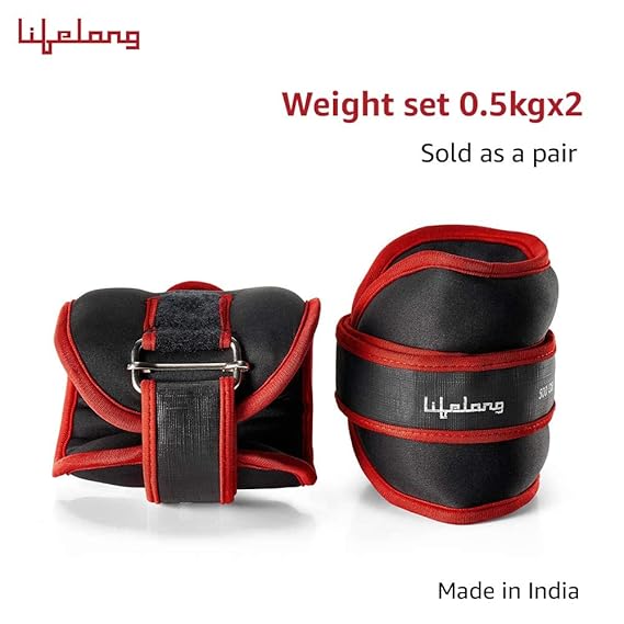 Lifelong PVC Hex Dumbbells Pack of 2 (5kg*2) Black Color & Lifelong Adjustable Ankle Weight for Running, Jogging, Cycling, Sand Filled, for Both Men and Women, 0.5 Kg and 1 Kg (Pair)  (ASL)