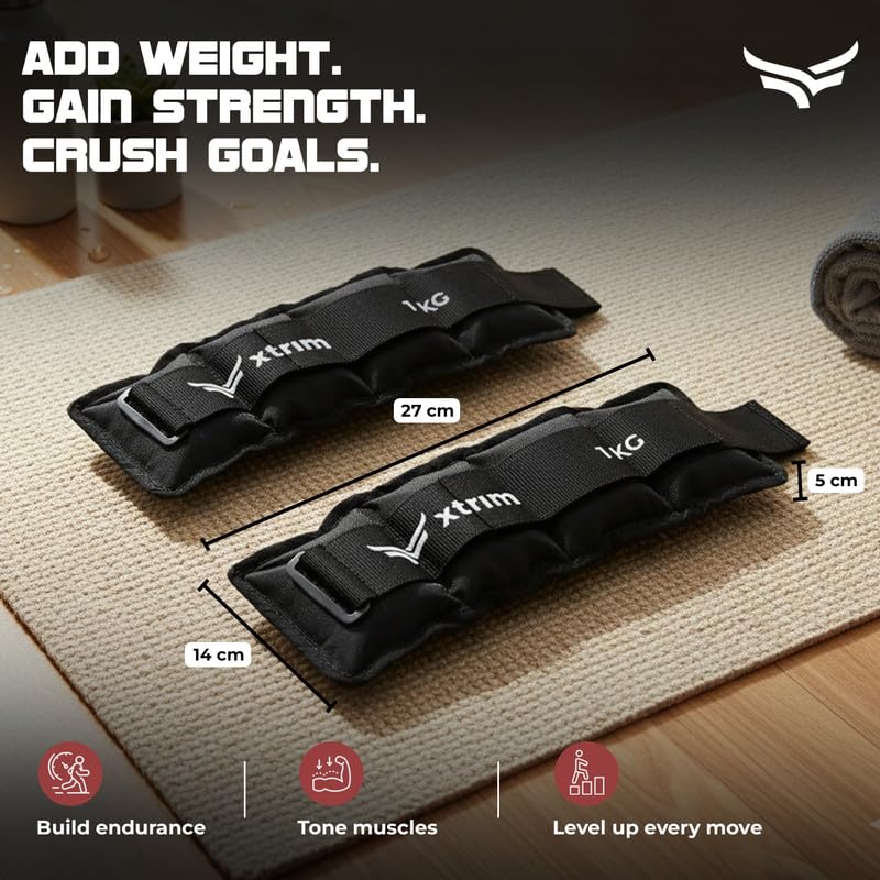 Xtrim Canvas Ankle Weights 2 KG Total (1 KG x 2) for Men & Women, Iron Pellet Filled with Balanced Weight Distribution, Non-Slip Secure D-Ring Strap, Ideal for Gym, Walking, Yoga, Home Workout & Strength Training, Black (ASL)