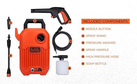 BLACK+DECKER BEPW1600 1300W 1600 PSI 110 Bar Pressure Washer for Car, Bike, Home & Garden Cleaning Use with Multiple Accessories Included, 1 Year Warranty, Orange & Black (RD)