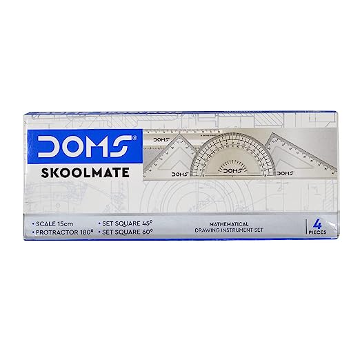 DOMS Skoolmate Mathematical Drawing Instrumet Set | 15 cm Scale | Protractor | Set Square 45° | Set Square 60°