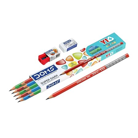 Doms Y 1 + Super Dark HB/2 Graphite Pencil Box Pack | Triangular Shape For Easy Hold & Comfortable Writing | Free One Eraser & Sharpner With Each Pack