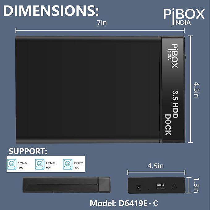 Hard Drive Enclosure Type C, PiBOX India USB 3.1 External Hard Drive Docking Station for 3.5/2.5 Inch SATA Hard Drives/SSD with 16 TB+, Tool-Free HDD Enclosure 12V/2A Power Supply UASP Acceleration (SD)