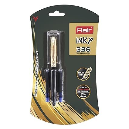 FLAIR Inky Series 336 Liquid Ink Fountain Pen Blister Pack | Ergonomic Grip Makes It Easy To Hold | Attractive Design | Free 2 Pieces X-Large Jumbo Cartridges With Each Pack | Blue Ink, Pack Of 1