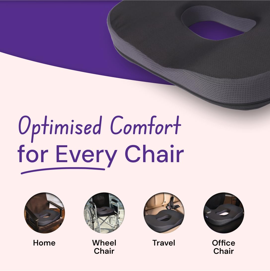 Careforce Donut Pillow for Tailbone Pain Relief Orthopedic Coccyx Cushion for Sitting, Hemorrhoids & Piles Relief, Sciatica Support Donut Seat Cushion for Office Chair, Car Seat & Wheelchair-Blackgrey