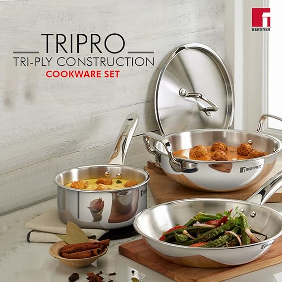 Bergner Tripro Triply Stainless Steel 4 Pc Cookware Set, 24 cm Indian Wok/Kadai with Lid, 22 cm Frypan, 16 cm Tea Pan, Even and Fast Heating, Induction Bottom, Gas Ready, Silver (RD)