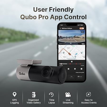 Qubo Car Dash Camera Pro (with GPS Logger) Dash Cam | from Hero Group | Made in India | Full HD 1080p | Wide Angle View | G-Sensor | Wi-Fi | Emergency Recording | Supports Up to 256 GB SD Card (SD)