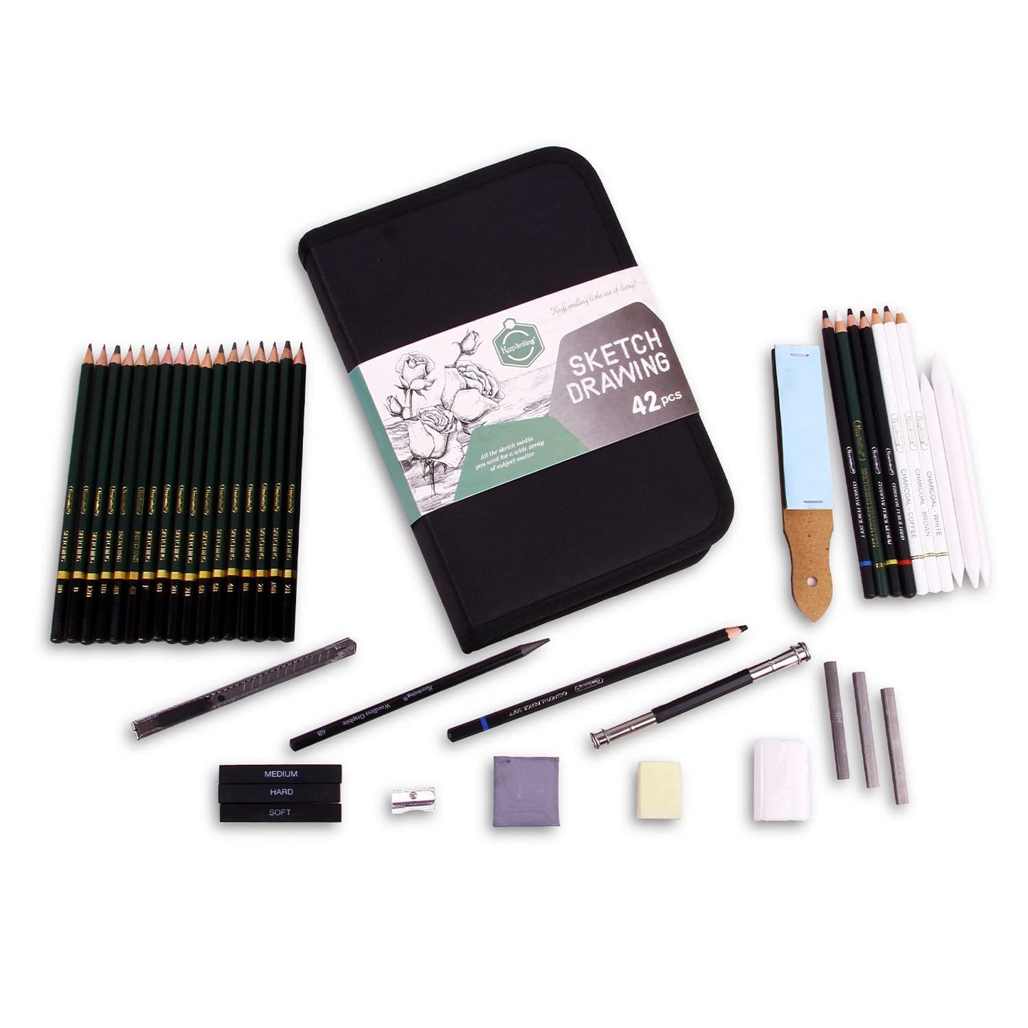 ART & CRAFT 42 Pcs. Professional Art Sketching Kit Graphite Charcoal Drawing Pencil Set for Artist Kit Painting Shading Sketch Kit for Kids and Adults with Zipper Carry Case
