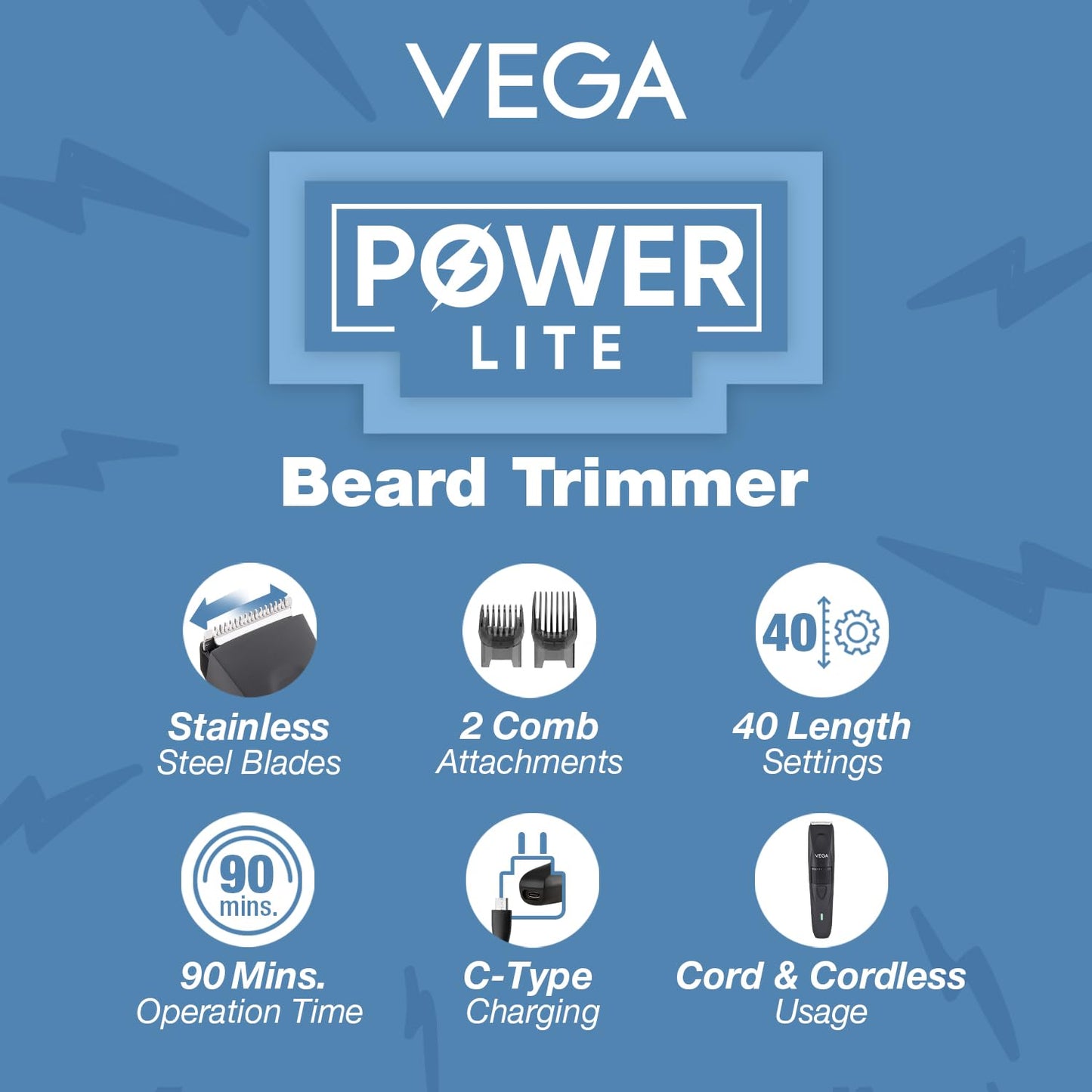 Vega Trimmer Men Beard with 90 Mins Runtime, Stainless Steel Blades & 40 Length Settings, 2 Comb Attachment, Trimmers for Man, USB Type C, Charging Indicator, Travel Lock, Black, (Power Lite, VHTH-38)