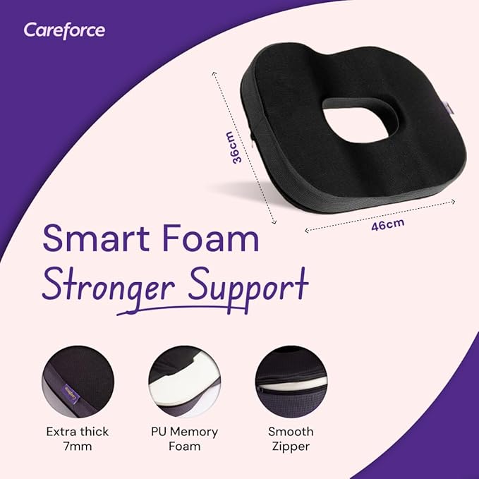 Careforce Donut Pillow for Tailbone Pain Relief Orthopedic Coccyx Cushion for Sitting, Hemorrhoids & Piles Relief, Sciatica Support Donut Seat Cushion for Office Chair, Car Seat & Wheelchair-Blackgrey