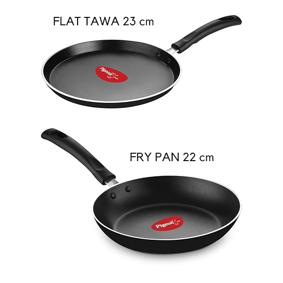 Pigeon Mio Nonstick Aluminum Cookware Gift Set, Includes Flat Tawa, Fry Pan, Kadai with Glass Lid, Kitchen Tool Set, Black, 8 Pieces (RD)