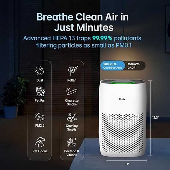 Qubo Smart Air Purifier Q200 for Home by Hero Group | Upto 200 Sq Ft | 99.99% Allergen Removal | HEPA H13 | 9000 Hrs Filter Life | App & Voice Control | Energy Saving | Ultra-Quiet BLDC Motor