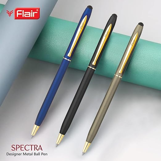 FLAIR Platinum Series Spectra Designer Metal Ball Pen Box Pack | Matte Finish With Shiny Gold Trims | Swiss Tip Technology With Twist Mechanism | Durable, Refillable Pen | Blue Ink, Pack of 1