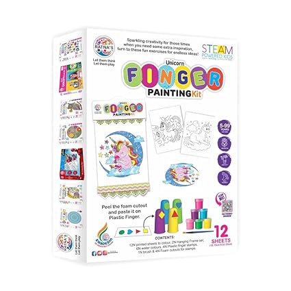 RATNA'S Unicorn Finger Painting Kit Non Toxic Colours with Plastic Fingers & Printed Sheets for Mess Free Exprience for Kids and Toddlers