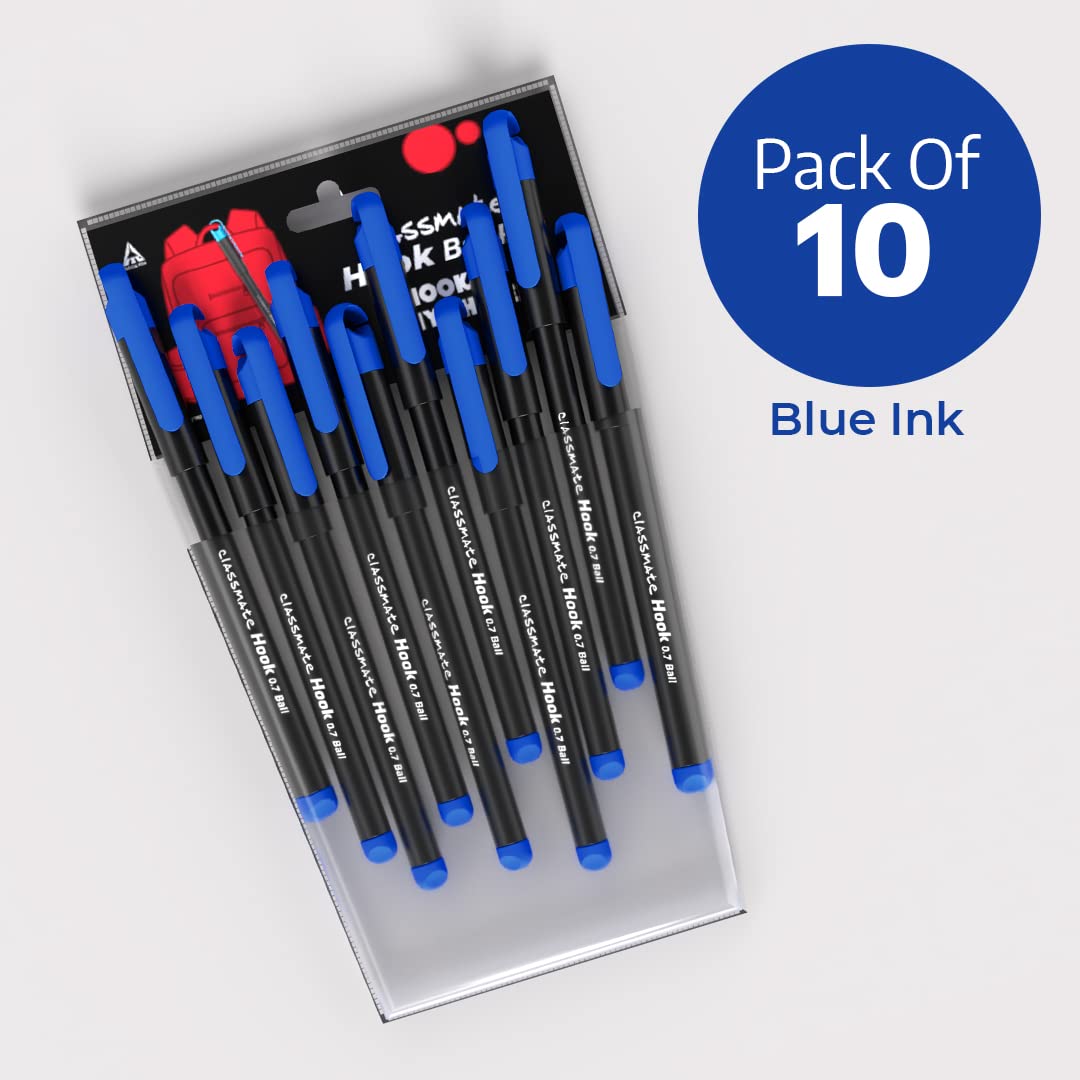 Classmate Hook- Blue And Black Ball Pens (Pack of 10)|Smooth & Fast Writing Ball Pens|Unique Griper for Writing Comfort|Attractive Body Design for Boys & Girls|School & Office Stationery