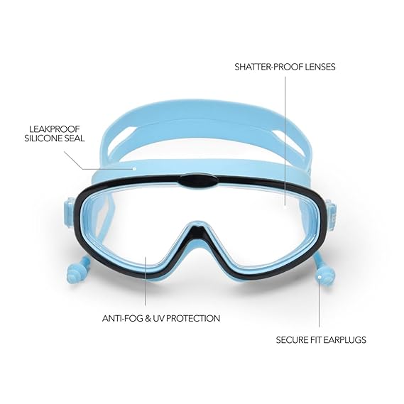 Boldfit Swimming Goggles for Kids, Boys With Adjustable Strap, UV Protection, Antifog Goggles for Swimming Girls Air Tight with Free Ear & Nose Plug - Blue Black (ASL)