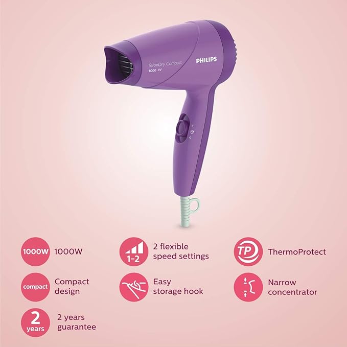 Philips India's No.1 Hair Styling Brand -Hair Dryer 1000W |Blow Dry for Men & Women | 2 Heat Settings| ThermoProtect tech |Travel-Friendly, Quick Dry,