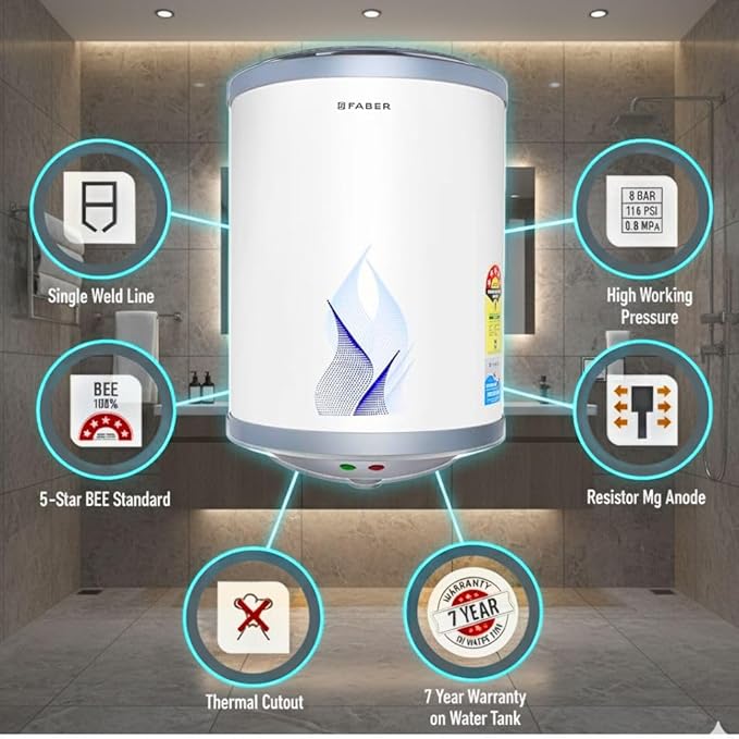 Faber 15Ltr Storage Water Heater (FWG Vulcan 15V), 5 Star, 7 yrs Warranty on Tank, Free Installation with Inlet & Outlet Pipe, White (White, 15L)