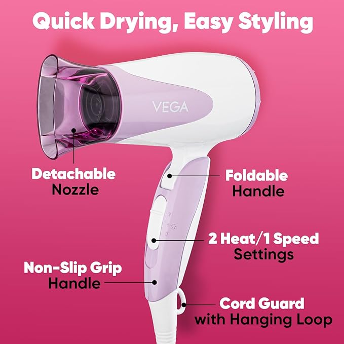 VEGA Blooming Air Foldable 1000-1200 Watts Hair Dryer for Women with Flexible Heat Setting & Detachable Nozzle,Automatic Overheat Cutout,Compact Quick Dry Blow Dryer