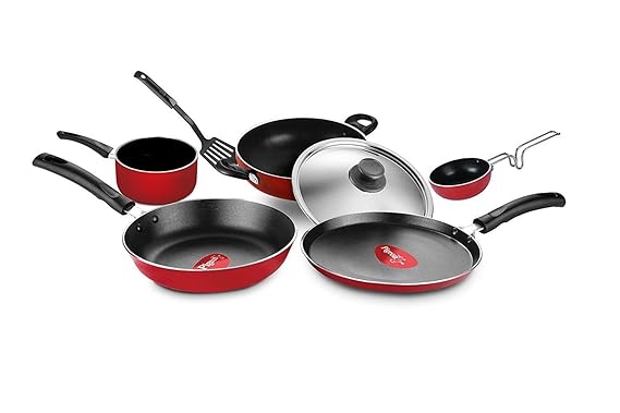 Pigeon Favourite 7 Piece Gift Set Non-Stick Coated Comes with Fry Pan, Kadhai, Lid, Sauce Pan, Spatula, Tadka Pan and a Tawa - Gas Stove Compatible (RD)