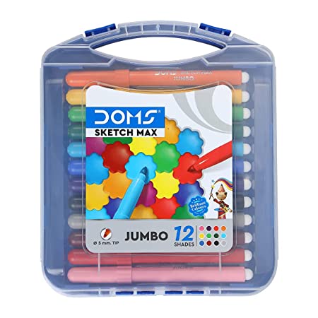 DOMS Sketch Max Non-Toxic Jumbo Sketch Pen Set with Plastic Carry Case 12 Assorted Shades