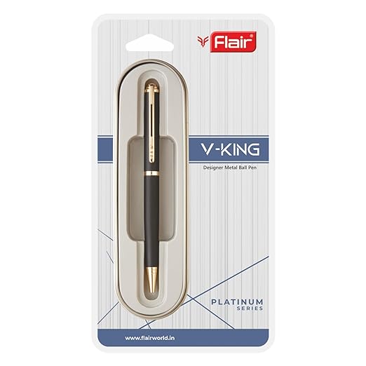 FLAIR Platinum Series V-King Ball Pen Blister Pack | Swiss Tip Technology With Twist Mechanism | Matte Finish Sleek Design With Gold Trims | Smooth Refillable Pen | Blue Ink, Pack Of 1