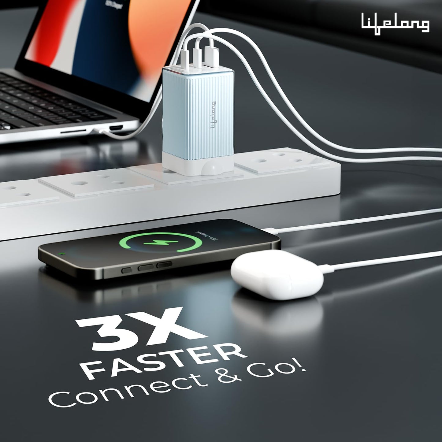 Lifelong Electronics 65W Super Fast GaN Charger PD Technology | 1 USB A + 2 Type C Ports | iPhone 17/16/15/14 (Including Pro Max), Android, Samsung | Laptops - MacBook, Dell, HP, Lenovo, Acer, ASUS (SD)