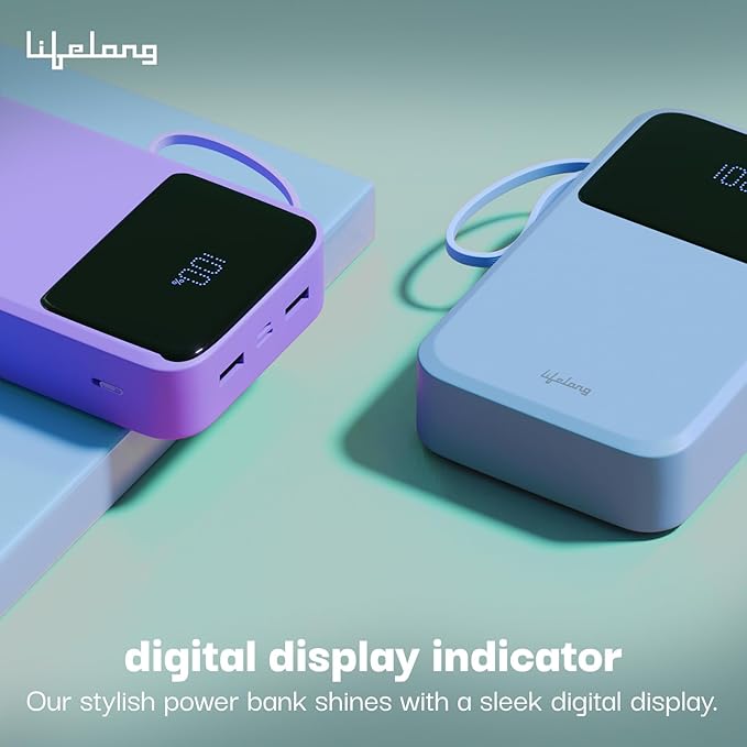 Lifelong Electronics 20000mAh 22.5W Fast Charging Power Bank | 3 Inputs (1 Built-in USB A Cable + 1 C + 1 Lightning Port) & 6 Outputs (3 Built-in Cables + 1 C + 2 A Port) | Small Pocket Size Powerbank (SD)