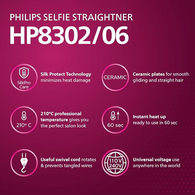 Philips India's No.1 Hair Styling Brand Selfie Hair Straightener, Minimized Heat Damage,SilkPro Care, Ceramic Plates,Smooth Shiny Straight Hair, 210°C Temp, Salon like Result | For Indian Hair, HP8302